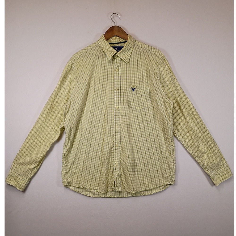 Preppy American Eagle Mens XL Yellow Plaid Cotton Long Sleeve Button Down Shirt